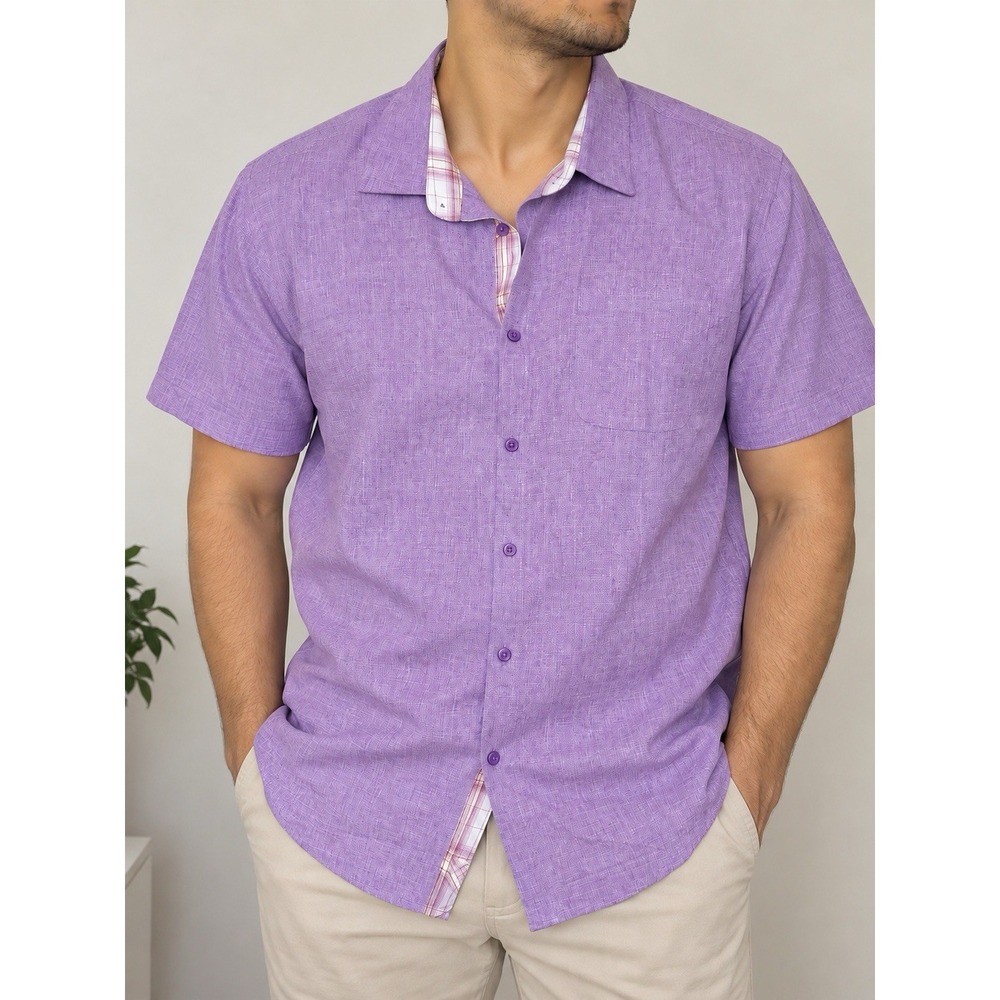 COOFANDY Men's Purple Solid Short Sleeve Button-Up Shirt Point Collar Pockets